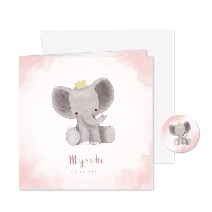 Lief geboortekaartje meisje met olifant en kroontje - Kaartimpressie