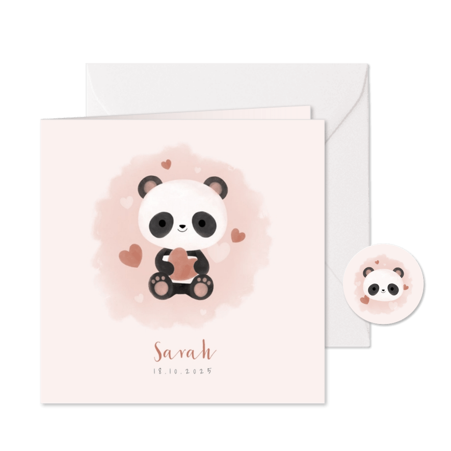 Lief geboortekaartje meisje met panda, hartjes en waterverf - Kaartimpressie