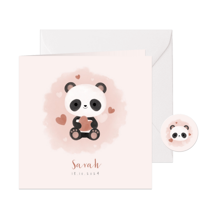 Lief geboortekaartje meisje met panda, hartjes en waterverf - Kaartimpressie