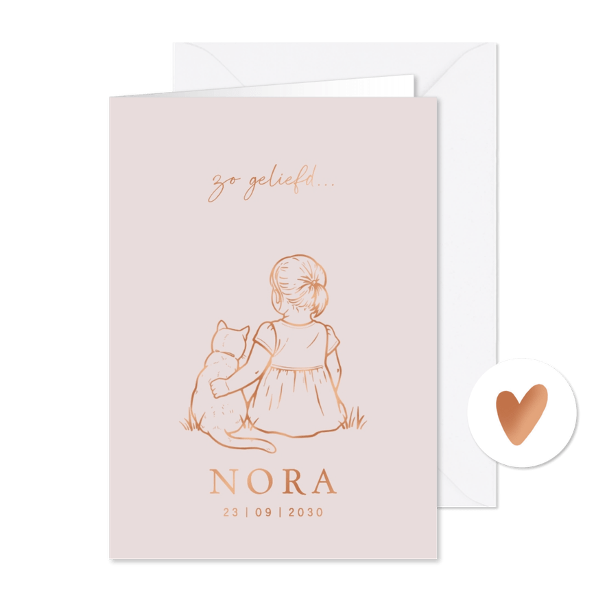 Lief geboortekaartje meisje met poes – koperfolie - Kaartimpressie