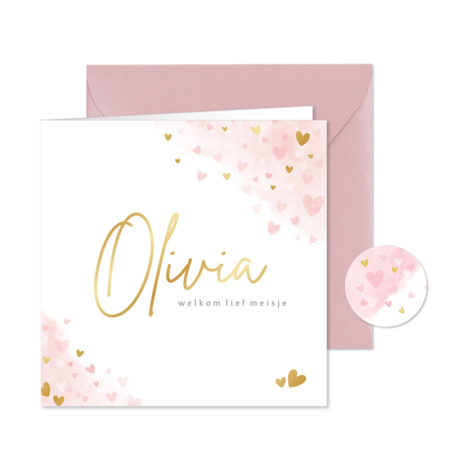 Lief geboortekaartje meisje met roze en gouden hartjes  - Kaartimpressie