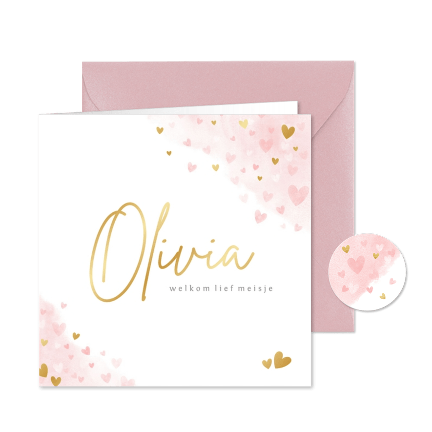 Lief geboortekaartje meisje met roze en gouden hartjes - Kaartimpressie