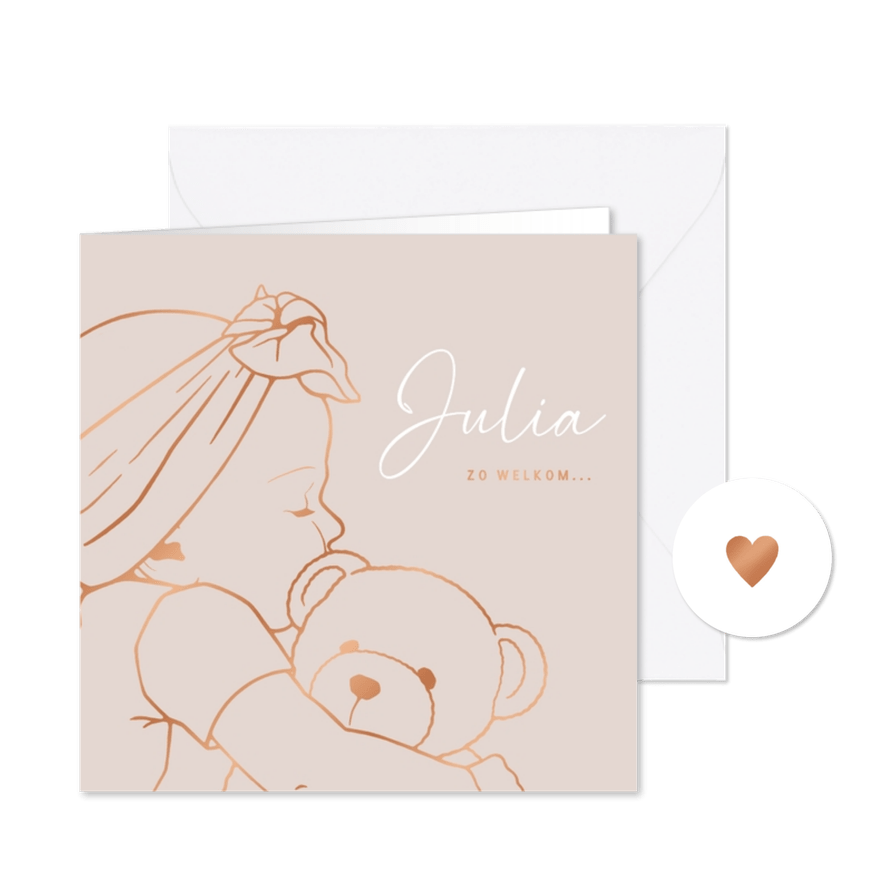 Lief geboortekaartje meisje met teddybeer - koperfolie - Kaartimpressie