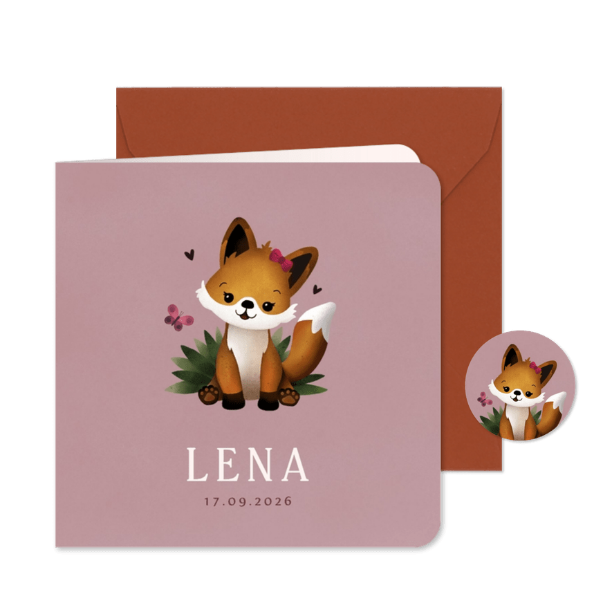 Lief geboortekaartje meisje met vos illustratie en vlinder - Kaartimpressie