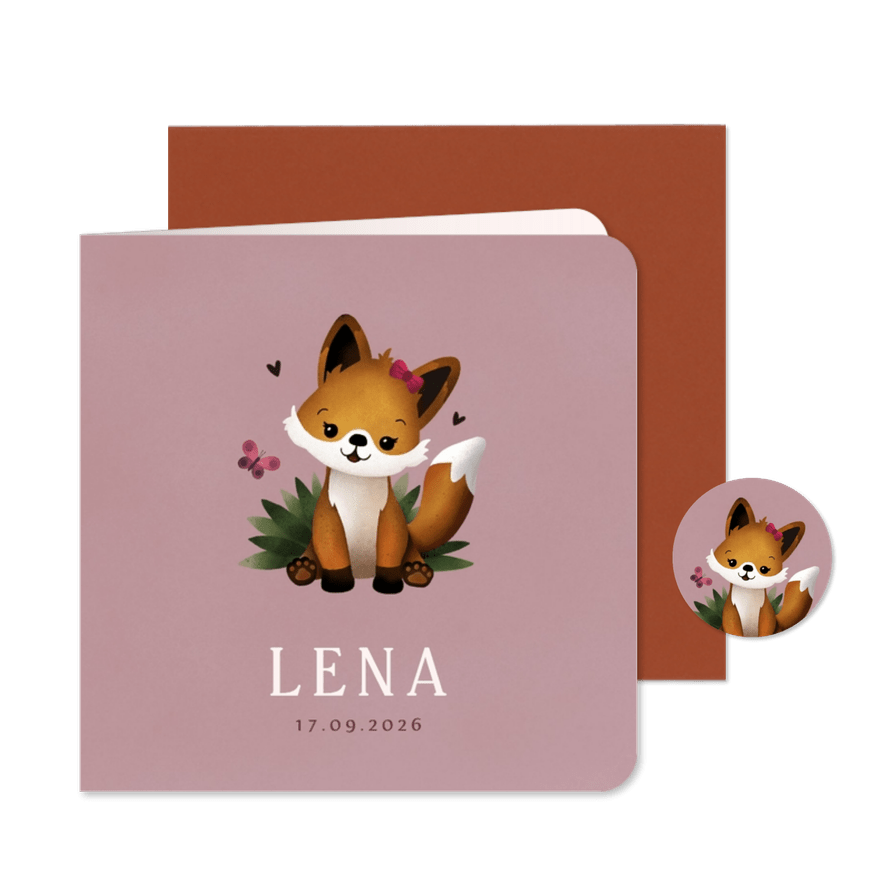 Lief geboortekaartje meisje met vos illustratie en vlinder - Kaartimpressie
