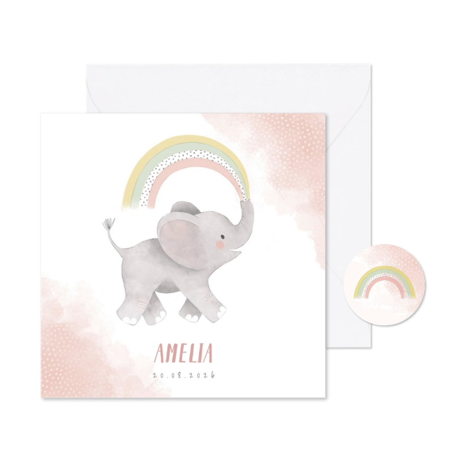 Lief geboortekaartje meisje olifant, regenboog en waterverf - Kaartimpressie