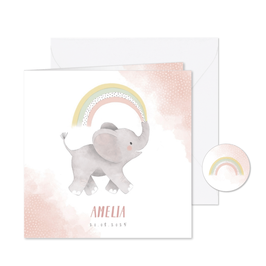 Lief geboortekaartje meisje olifant, regenboog en waterverf - Kaartimpressie