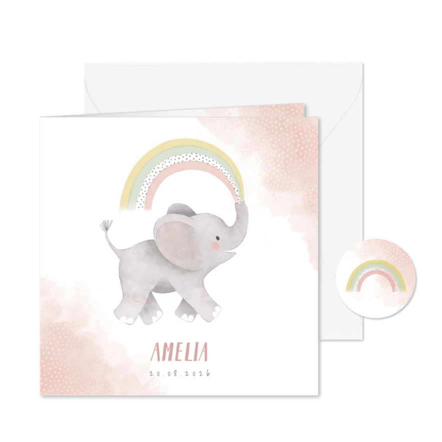 Lief geboortekaartje meisje olifant, regenboog en waterverf - Kaartimpressie