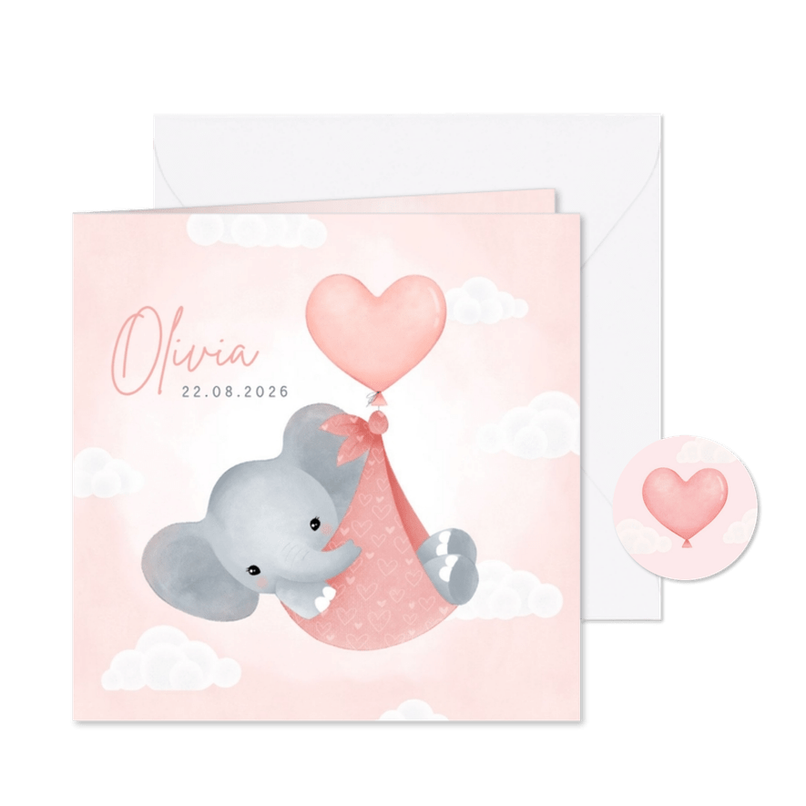 Lief geboortekaartje meisje olifantje in draagzak en ballon - Kaartimpressie
