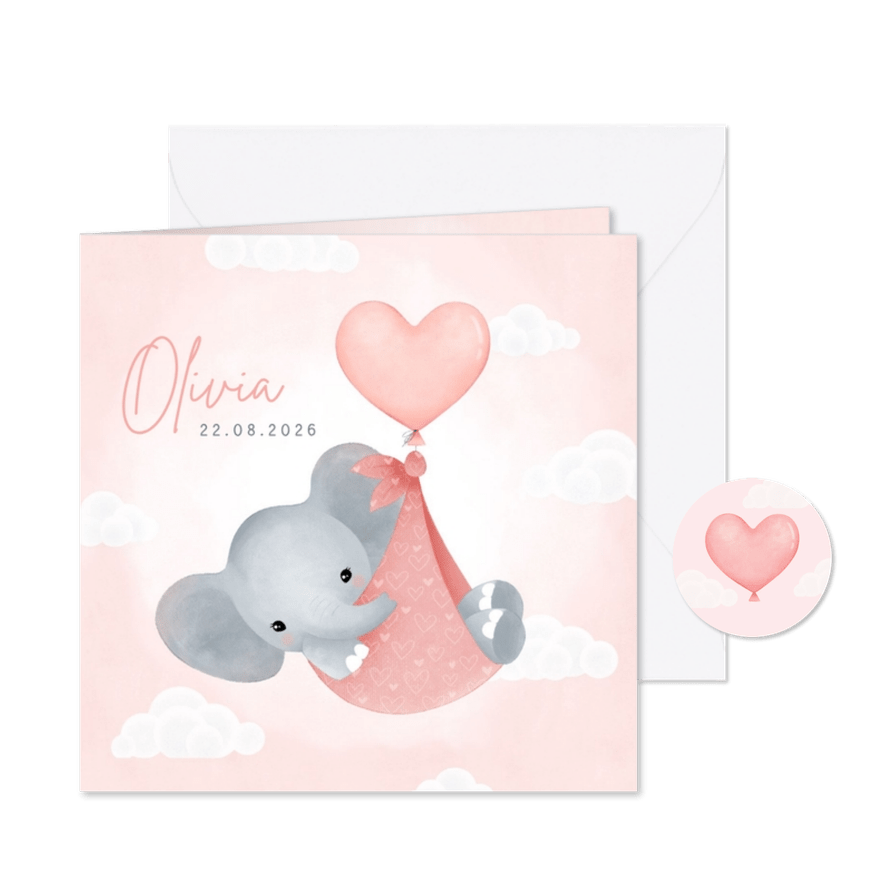 Lief geboortekaartje meisje olifantje in draagzak en ballon - Kaartimpressie