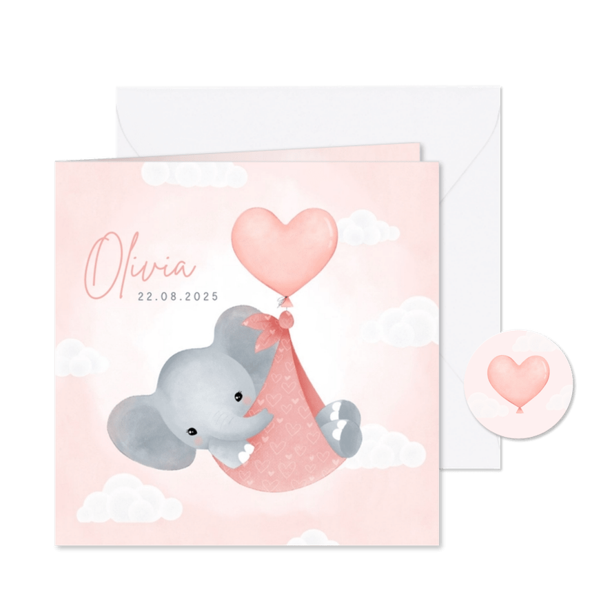 Lief geboortekaartje meisje olifantje in draagzak en ballon - Kaartimpressie