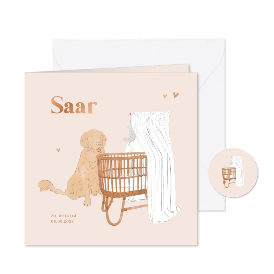 Lief geboortekaartje meisje wieg en hond illustratie roze - Kaartimpressie