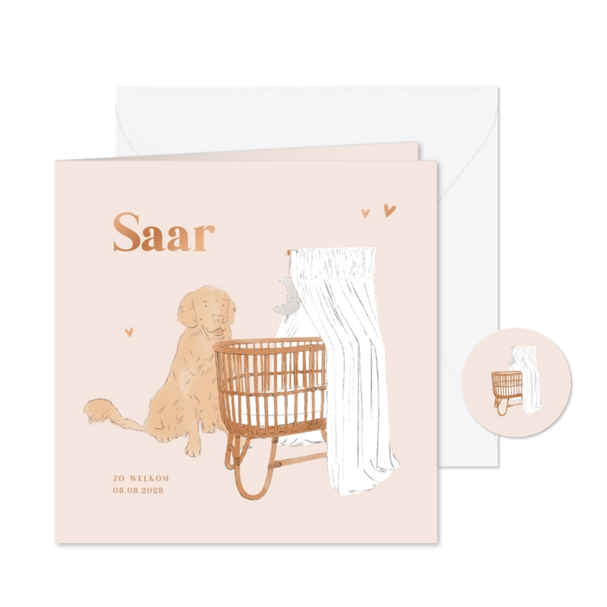 Lief geboortekaartje meisje wieg en hond illustratie roze - Kaartimpressie