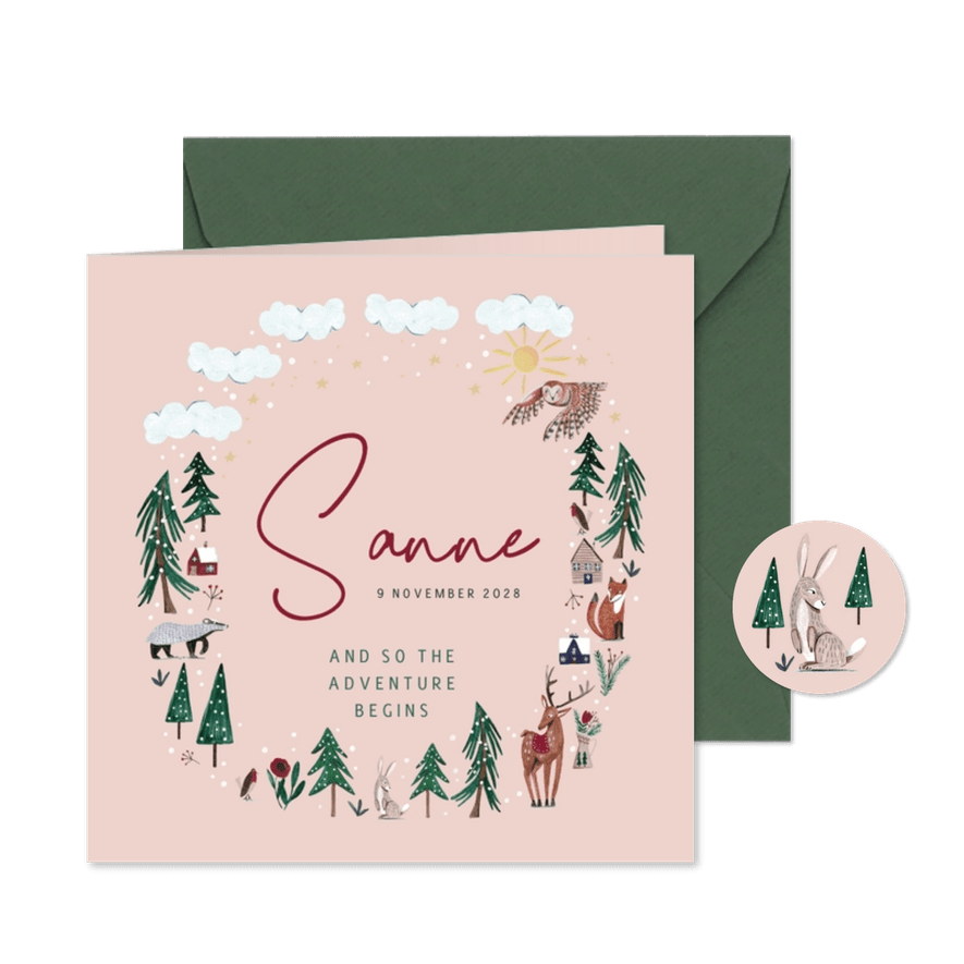 Lief geboortekaartje meisje winter bos dieren  - Kaartimpressie