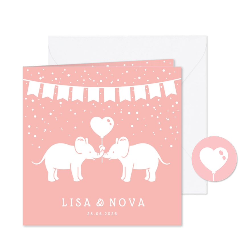 Lief geboortekaartje meisjes tweeling met 2 olifantjes - Kaartimpressie