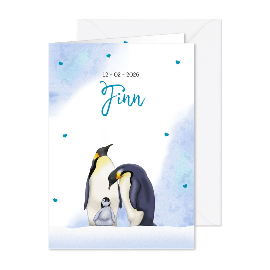 Lief geboortekaartje met 2 trotse pinguïns met jong - Kaartimpressie