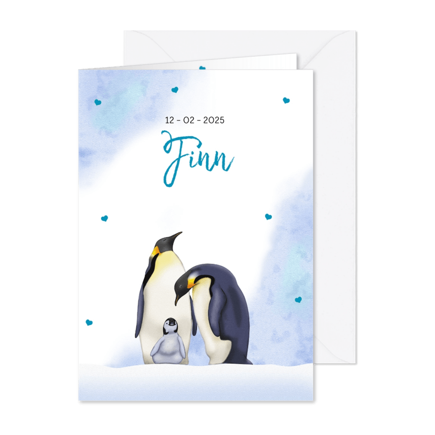 Lief geboortekaartje met 2 trotse pinguïns met jong - Kaartimpressie