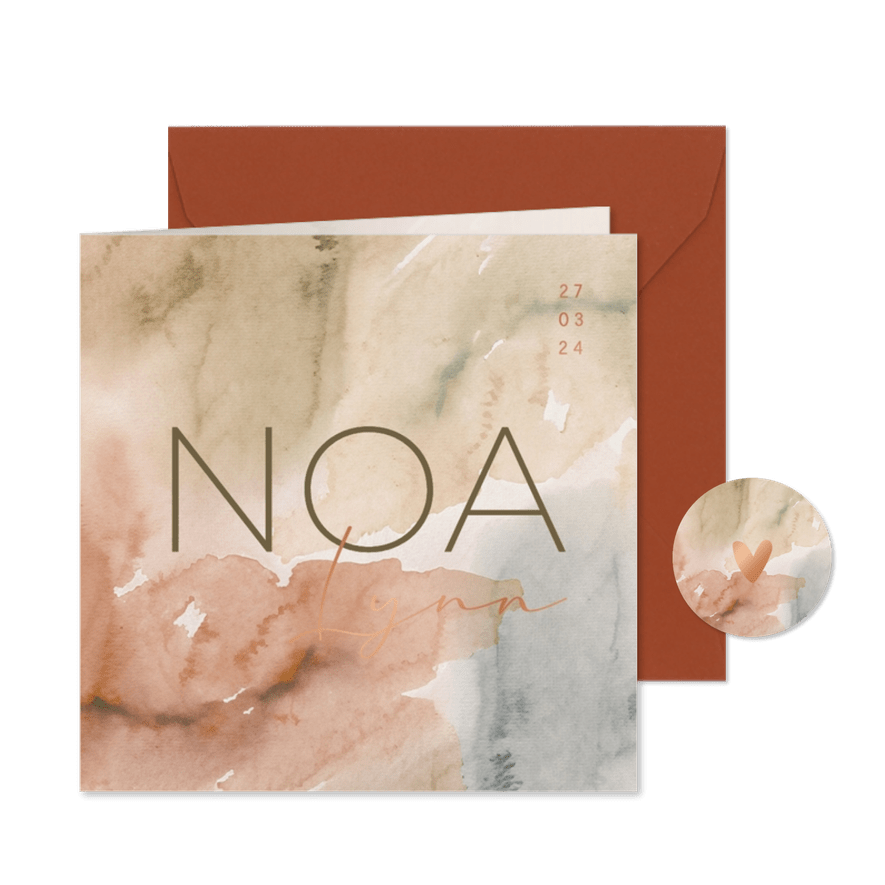 Lief geboortekaartje met aardse tinten en koperfolie - Kaartimpressie