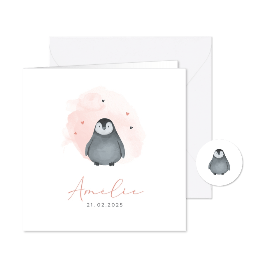 Lief geboortekaartje met baby pinguin en waterverf - Kaartimpressie