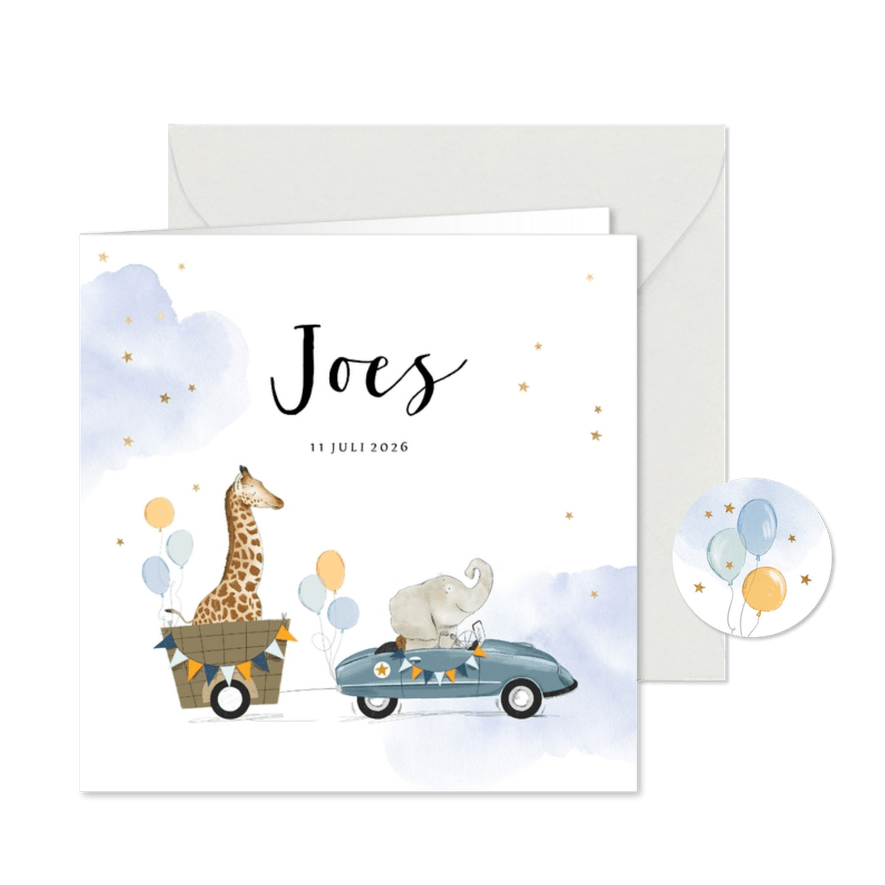 Lief geboortekaartje met babydieren in retro trapauto - Kaartimpressie