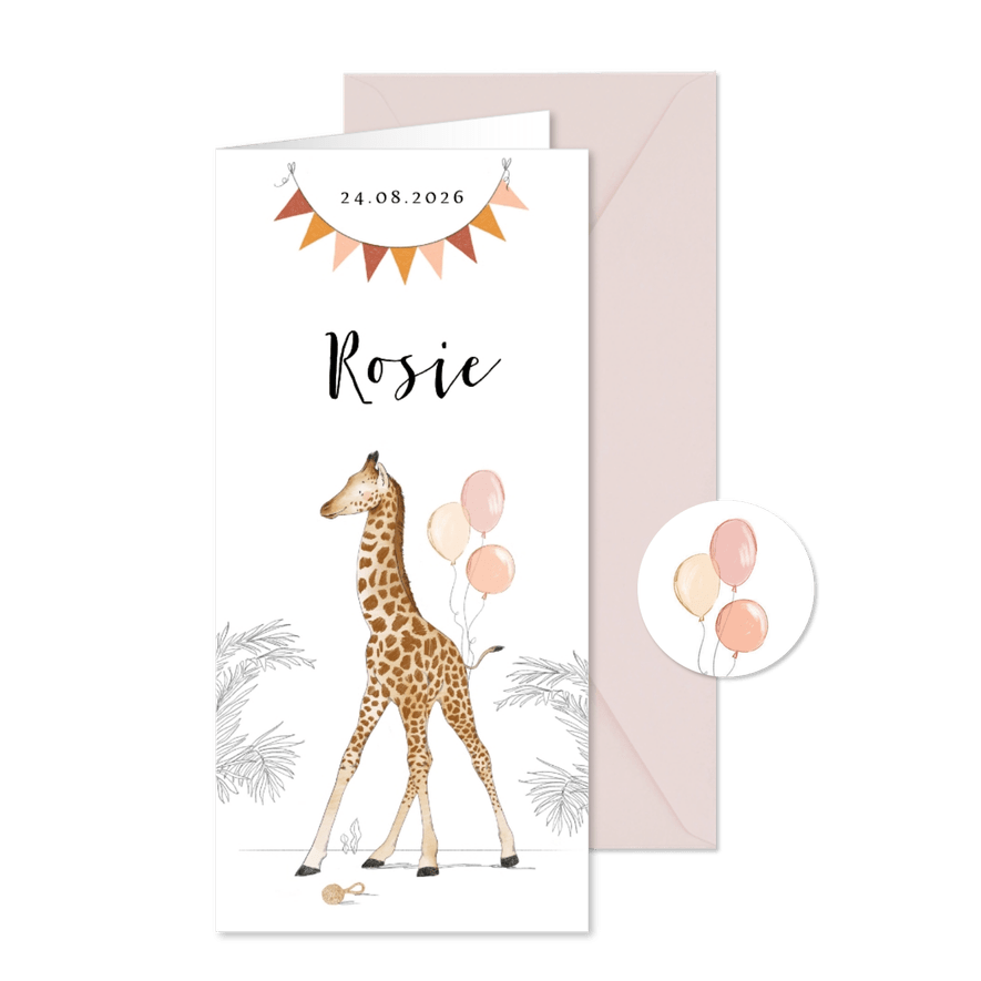 Lief geboortekaartje met babygiraf, slingers en ballonnen - Kaartimpressie