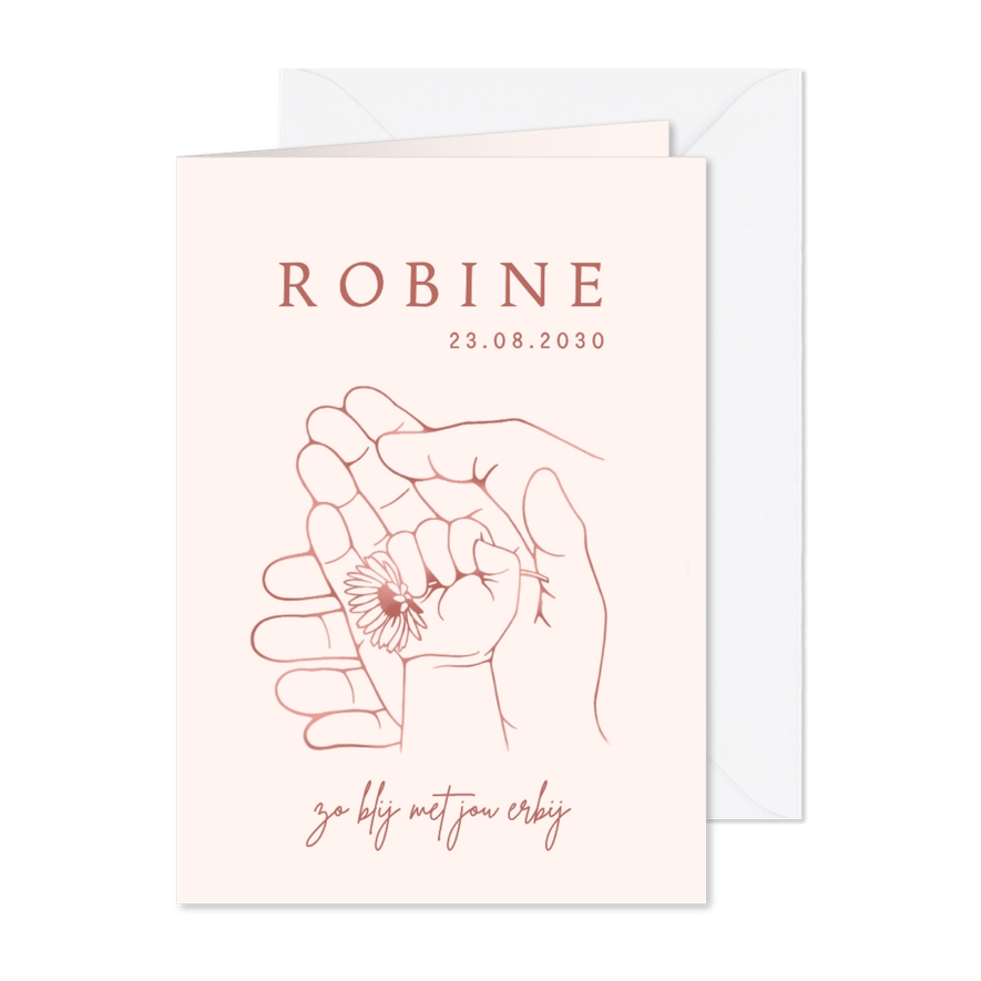 Lief geboortekaartje met babyhandje en bloemetje – koperlook - Kaartimpressie