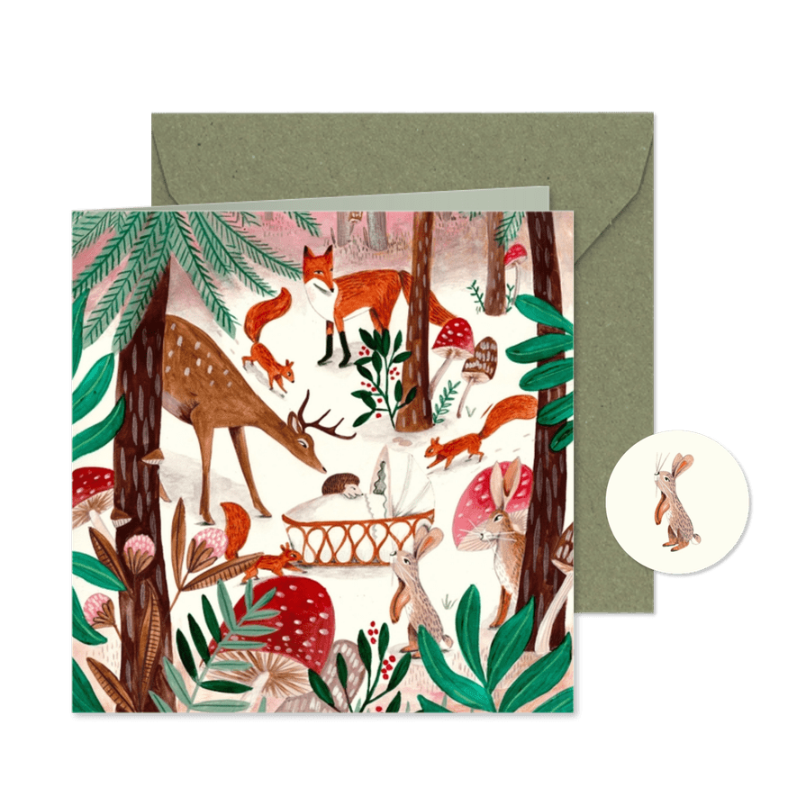 Lief geboortekaartje met dieren in een bos met sneeuw - Kaartimpressie