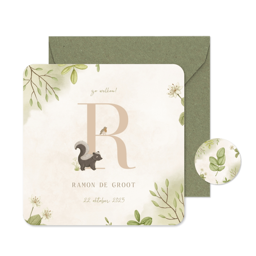 Lief geboortekaartje met dierenletter en waterverf - Kaartimpressie