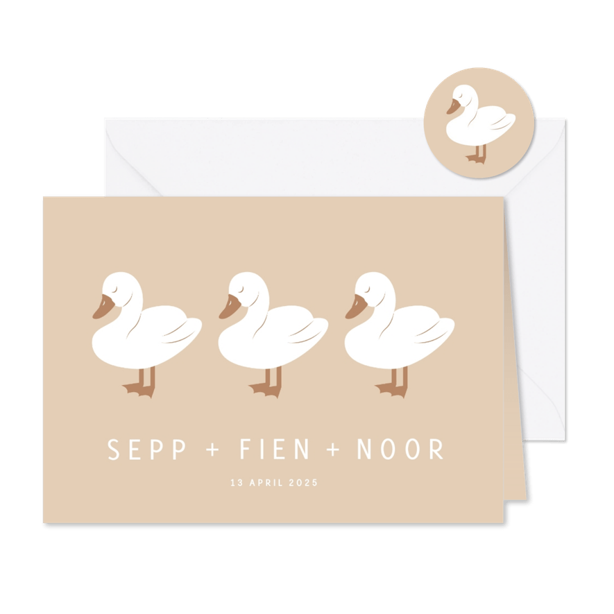 Lief geboortekaartje met drie zwaantjes drieling - Kaartimpressie