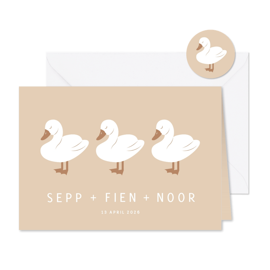 Lief geboortekaartje met drie zwaantjes drieling - Kaartimpressie