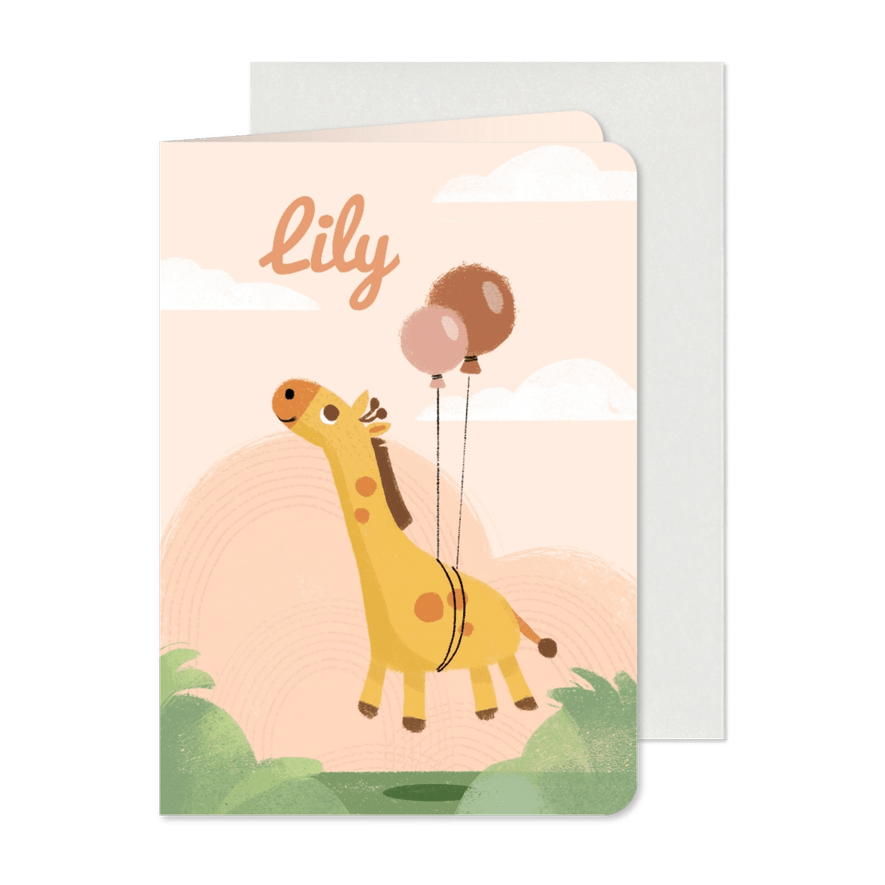 Lief geboortekaartje met een giraf met ballonnen - Kaartimpressie