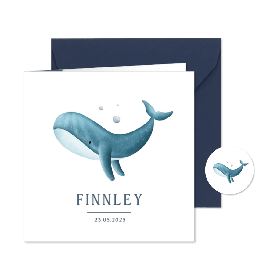 Lief geboortekaartje met een waterverf walvis illustratie - Kaartimpressie