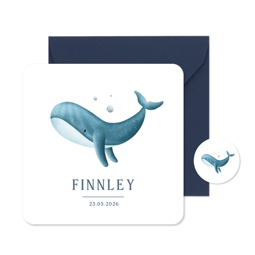 Lief geboortekaartje met een waterverf walvis illustratie - Kaartimpressie
