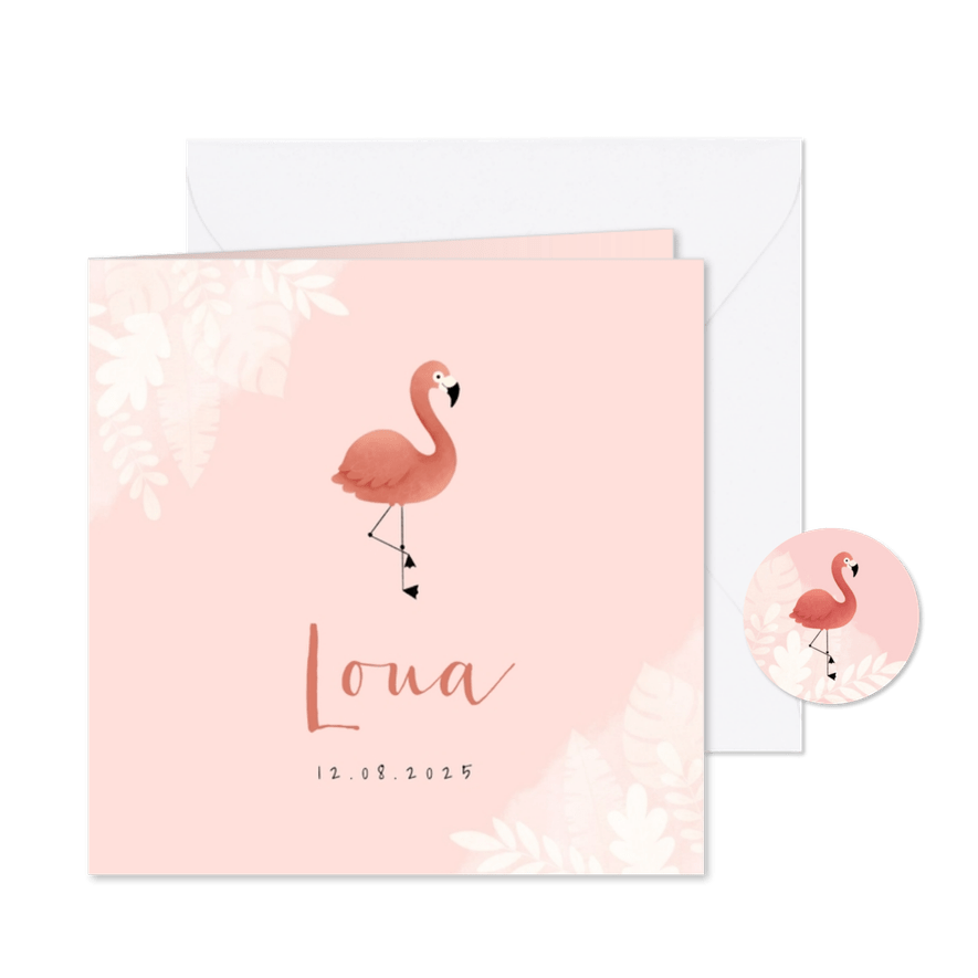 Lief geboortekaartje met flamingo, jungle en waterverf - Kaartimpressie