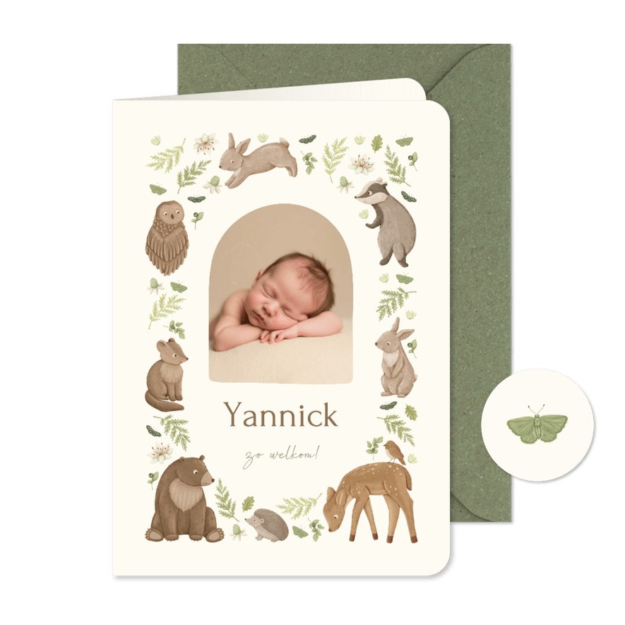 Lief geboortekaartje met foto, dieren en plantjes - Kaartimpressie