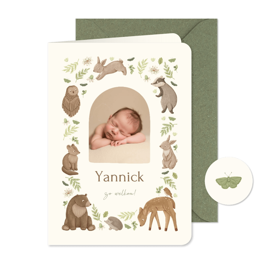 Lief geboortekaartje met foto, dieren en plantjes - Kaartimpressie