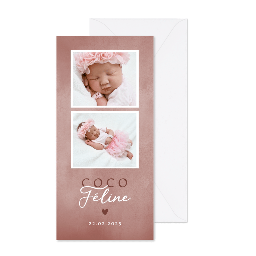 Lief geboortekaartje met foto's roze waterverf en hartje - Kaartimpressie