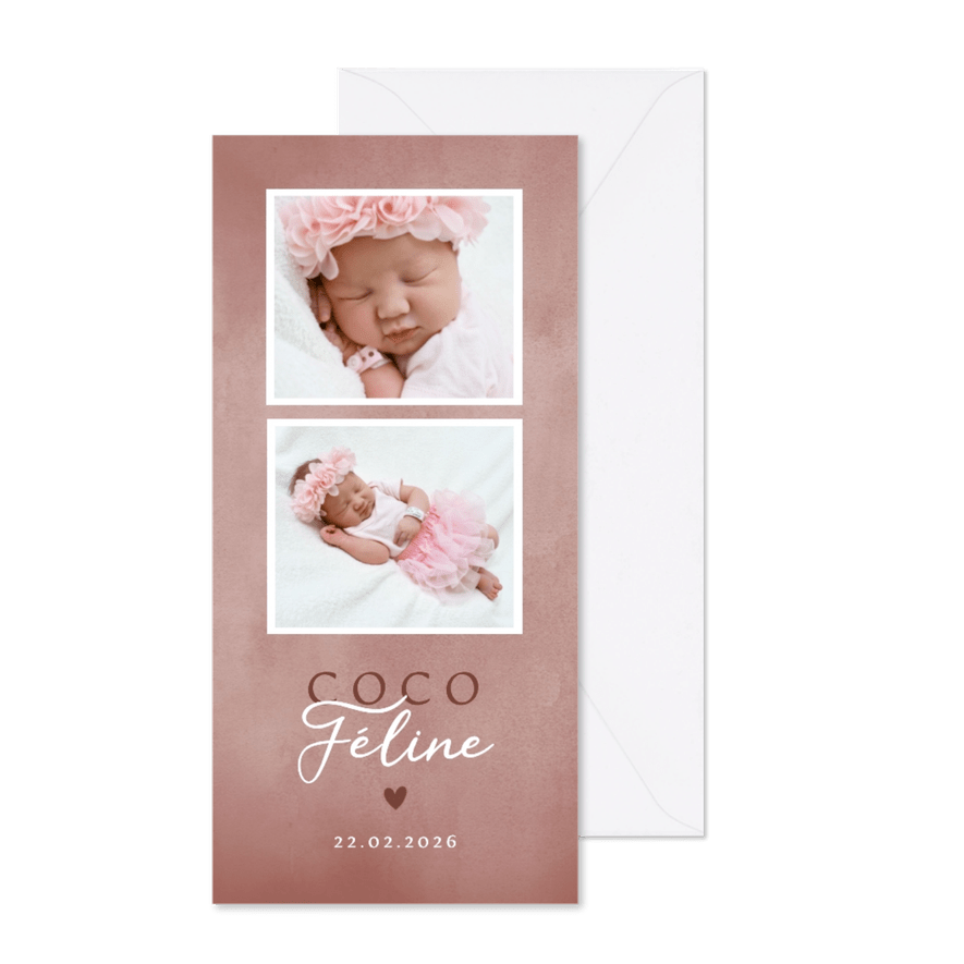 Lief geboortekaartje met foto's roze waterverf en hartje - Kaartimpressie