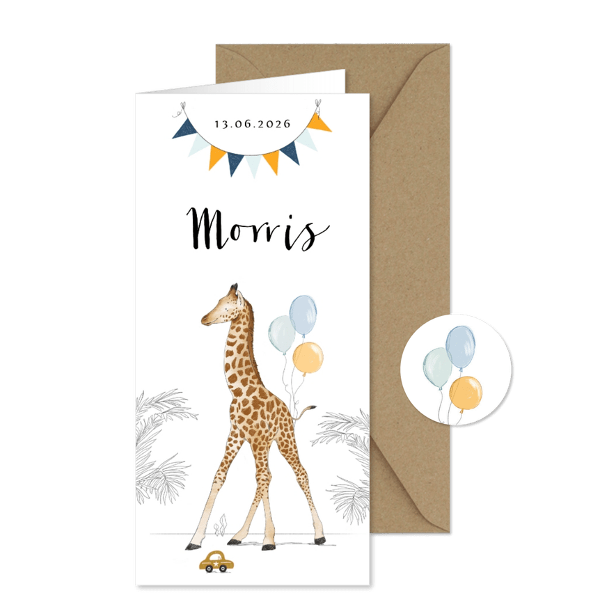 Lief geboortekaartje met geillustreerde giraf en vlaggenlijn - Kaartimpressie