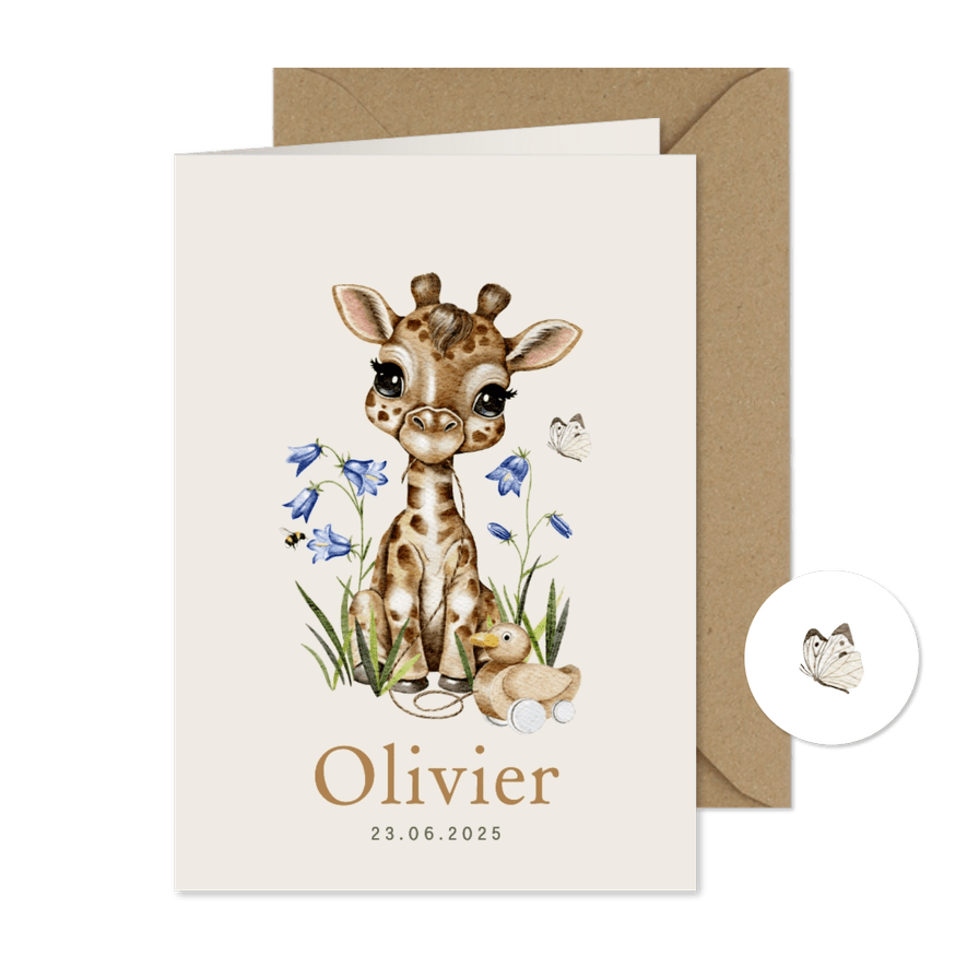 Lief geboortekaartje met giraffe, loopeend, vlinder, hommel - Kaartimpressie