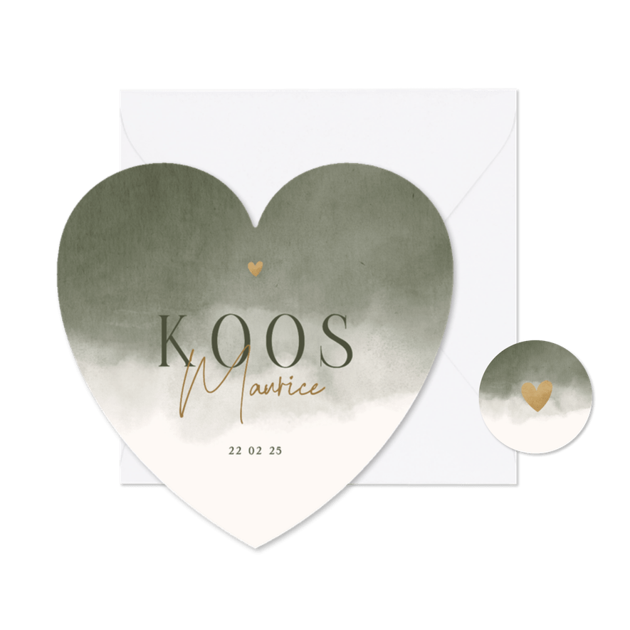 Lief geboortekaartje met groene waterverf in hartvorm - Kaartimpressie