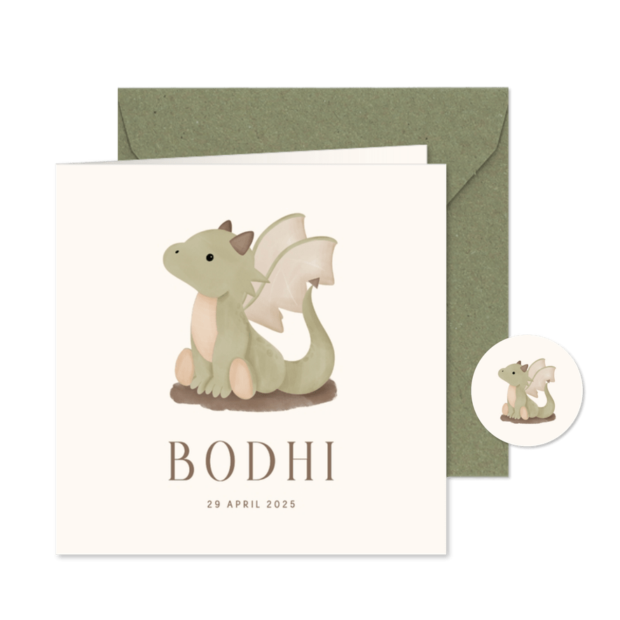 Lief geboortekaartje met illustratie groen draakje  - Kaartimpressie