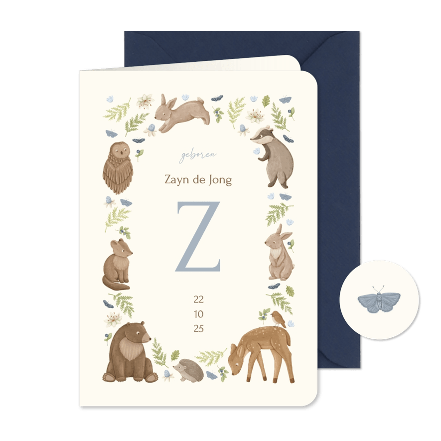 Lief geboortekaartje met kader van dieren en plantjes - Kaartimpressie