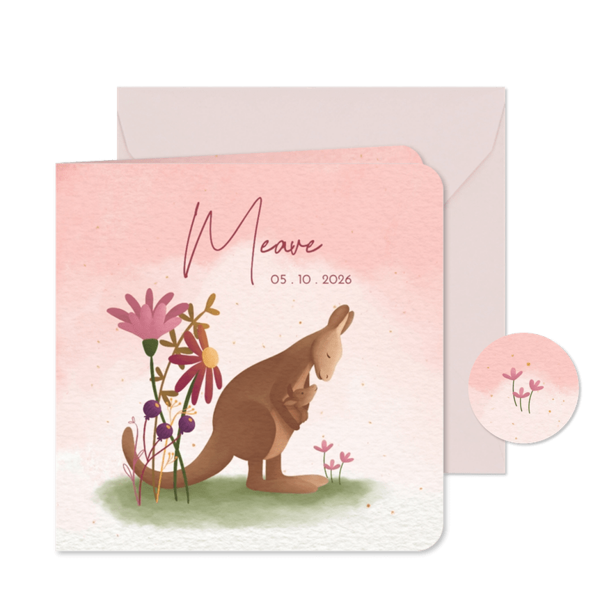 Lief geboortekaartje met kangoeroe en bloemen - Kaartimpressie
