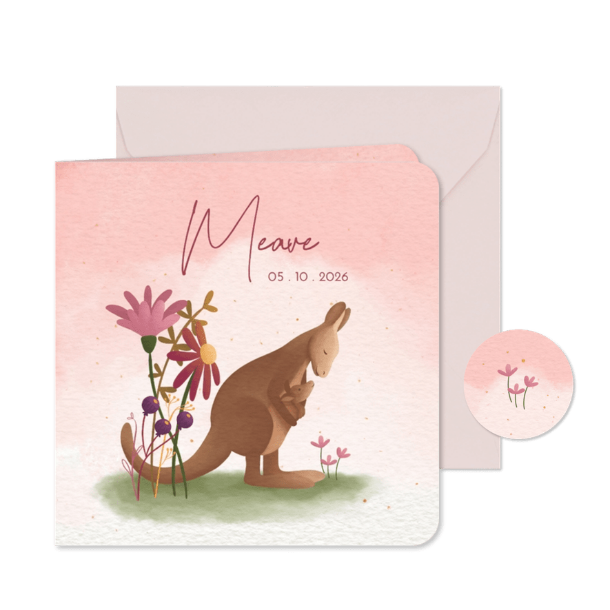 Lief geboortekaartje met kangoeroe en bloemen - Kaartimpressie