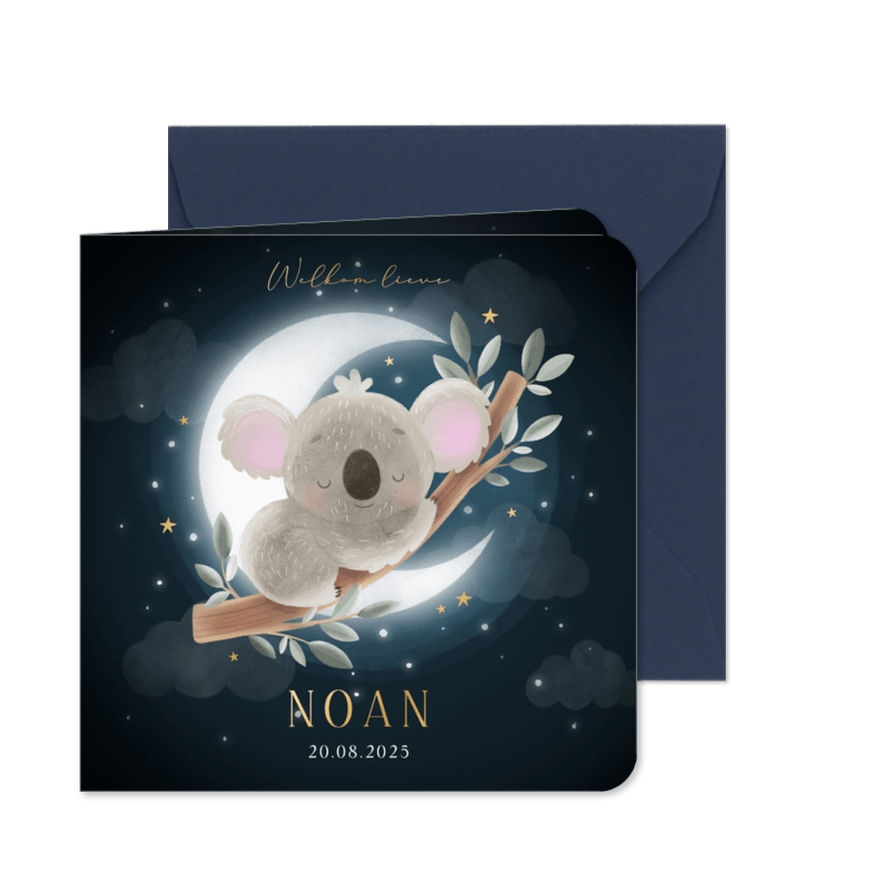 Lief geboortekaartje met koala op tak en maan en sterren - Kaartimpressie