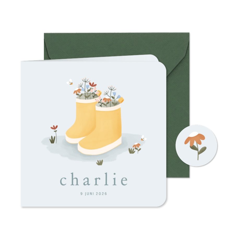 Lief geboortekaartje met laarsjes bloemetjes en bijtjes - Kaartimpressie