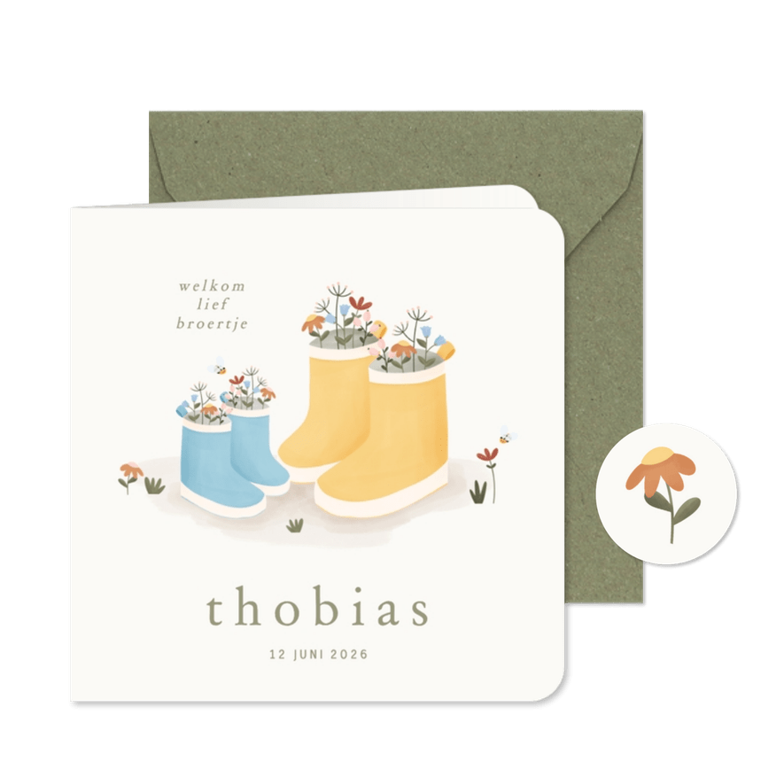 Lief geboortekaartje met laarsjes en bloemetjes broertje - Kaartimpressie