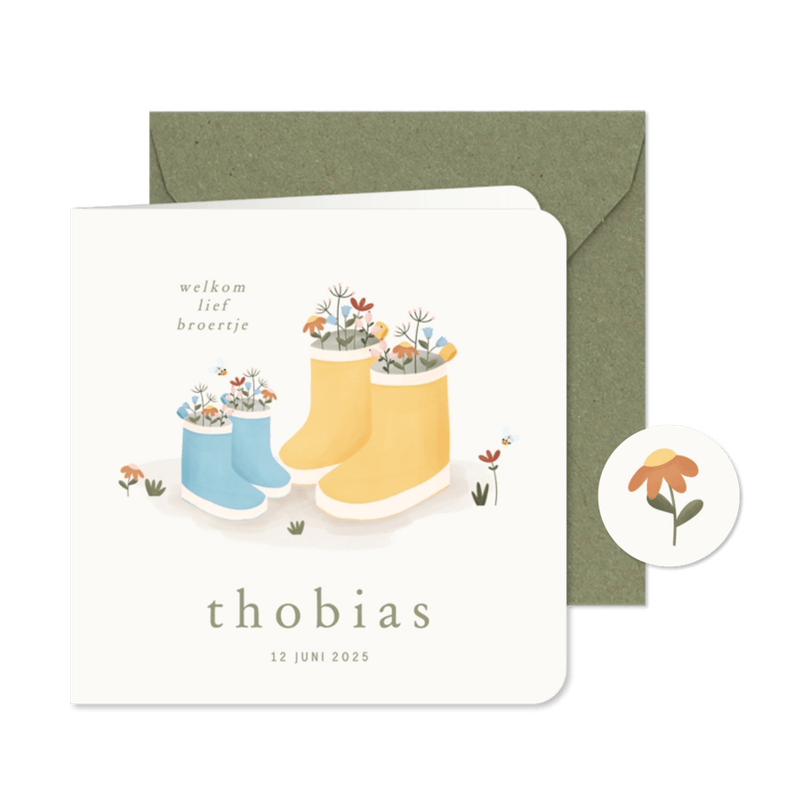 Lief geboortekaartje met laarsjes en bloemetjes broertje - Kaartimpressie