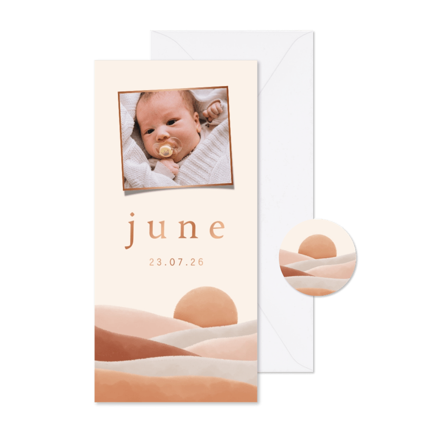 Lief geboortekaartje met landschap zon foto en koperfolie - Kaartimpressie